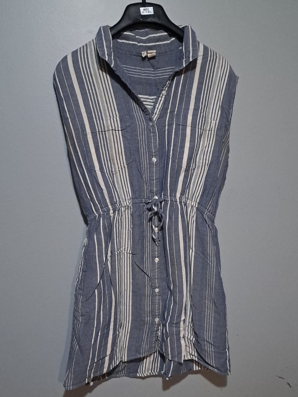 Japna Blue and White Sleeveless Striped Tunic with Drawstring 100% Cotton